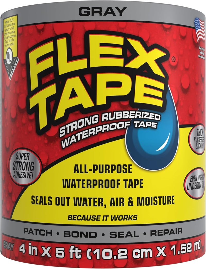 FLEX TAPE , Original Thick Flexible Rubberized Waterproof Tape - Seal and Patch Leaks, Works Underwater, Indoor Outdoor - Home RV Roof Plumbing and Pool Repairs, Gray, 4 in x 5 ft, Pack of 1 - Image 1